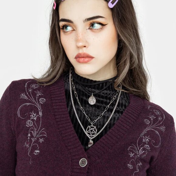 Disturbia Poe Embroidered Purple Cardigan Gray floral skull embroidery Sweater - Picture 3 of 3